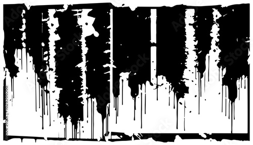 Monochrome abstract image featuring heavy black paint drips across a white surface, with splatters and edge smears creating a bold, textured, grunge-inspired composition suitable