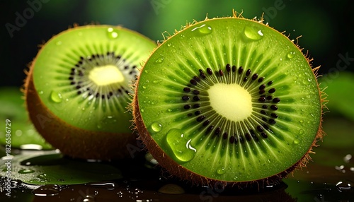 Two halved kiwi fruits, detailed, glistening with water droplets, lying on a dark surface, against a blurred green background