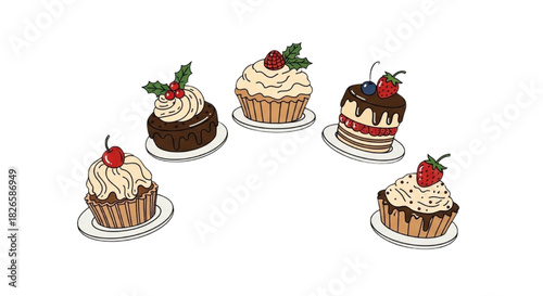 A delightful assortment of hand-drawn decorated cupcakes with fresh berry toppings