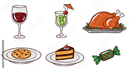 Collection of hand-drawn festive food and beverage illustrations featuring a turkey, desserts, drinks, and candy