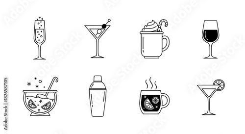Outline Illustrations of Classic Cocktails and Festive Drinks
