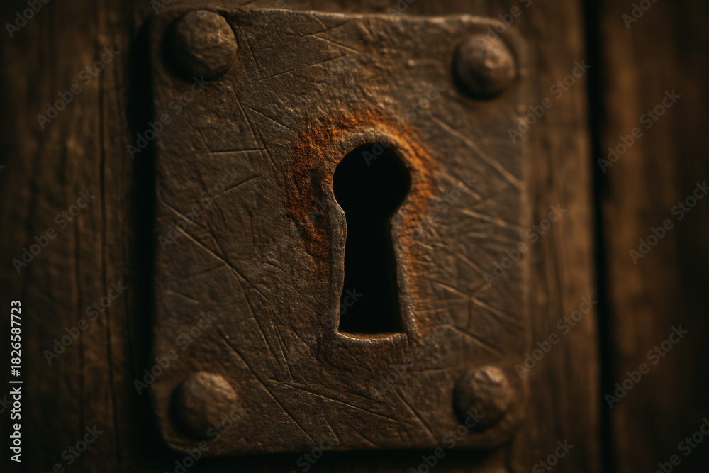 Obraz premium Rustic Metal Keyhole Plate On Weathered Wooden Door Close-Up