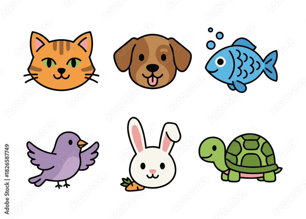 Obraz premium Cute cartoon pets and animals vector icons set