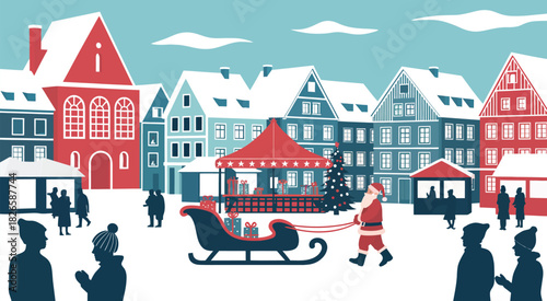 Festive christmas market scene with santa and sleigh, featuring holiday stalls, glowing lights, decorated christmas trees, gifts, snow-covered streets