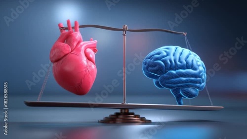 Conceptual illustration of the brain and heart on balance scale