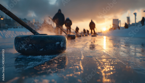 People enjoy winter activity game curling on ice rink outside. Friends play sport with stones and brooms. Teams compete at sunrise. Players slide rocks to target house.