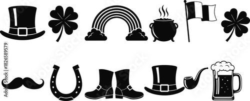 rish culture and St. Patrick’s Day icon set with clovers, hats, beer, rainbow, pipe, boots, and festive symbols