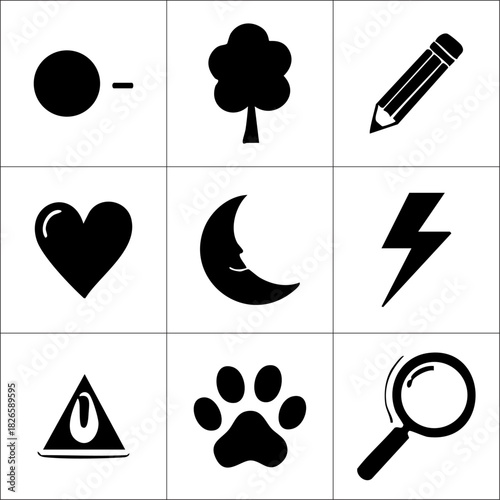 A grid of nine black and white icons including a moon tree heart and other assorted symbols on white
