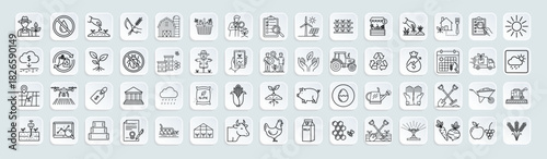 Agriculture and farming vector illustration icons set, organic cultivation, crop production, livestock management, farm technology, sustainable agriculture. Food growth and agribusiness elements