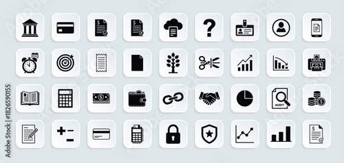 Accounting and finance vector illustration icons set, billing and invoices, budget planning, banking services, audit and tax management. Business reports and data analysis