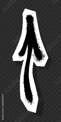 Graffiti-style black arrow with spray paint texture on white paper cutout.