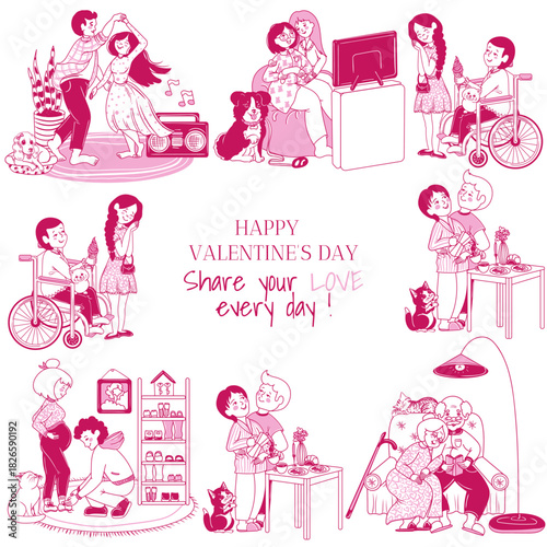 Vector card with various couples in love. A collection of home scenes with different couples in relationships. Valentine's Day card. Different families