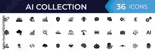 Ai collection vector illustration icons set, machine learning symbols, robotics automation, digital innovation, smart technology, cloud computing and artificial intelligence concepts