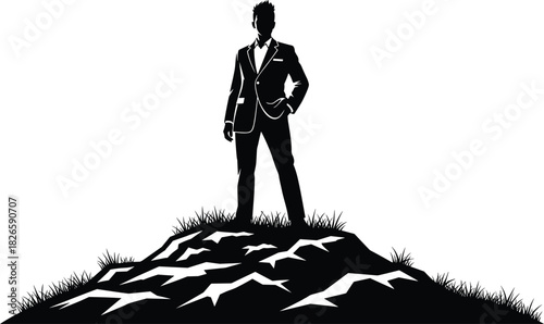 Silhouette of confident businessman standing on mountain peak, symbolizing success, leadership, achievement, career growth, ambition, and determination