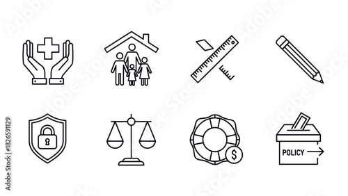 Icons representing social issues and services, including healthcare, family, education, security, justice, and policy.