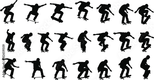 Skateboarder silhouette sequence performing ollie trick, showing dynamic motion, jump, landing, technique, balance, and skateboarding skill