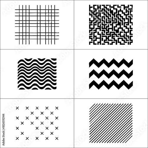 Collection of six black and white abstract geometric patterns in a square format arrangement
