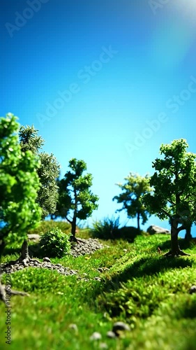 Miniature landscape with trees, lush green grass, rocky areas, and a bright blue sky