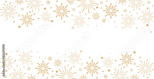 Elegant horizontal banner featuring golden/bronze outline fireworks and starbursts clustering in the top-left and bottom-right corners. Isolated on a white background with clean central copy space, id