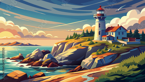 Very beautiful coastal scene featuring Castle Hill Lighthouse standing on rugged seaside rocks, illuminated by soft natural light, overlooking calm ocean waters under a serene New England sky, present