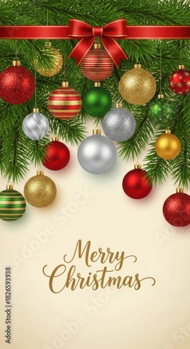 Festive Christmas Decorations on a Pine Branch, Holiday Ornament Collection