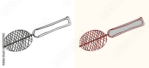 Hand drawn sketch illustration of a metal tea infuser strainer kitchen utensil tool. Line art doodle style outline drawing isolated on a white background, perfect for packaging, recipes, menus.