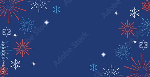 Horizontal celebration banner featuring red, white, and blue outline fireworks and starbursts clustering in the corners against a deep navy blue background. Ideal design for Fourth of July, patriotic,