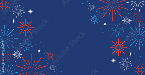 Horizontal celebration banner featuring red, white, and blue outline fireworks and starbursts clustering in the corners against a deep navy blue background. Ideal design for Fourth of July, patriotic,