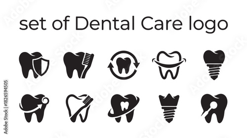 Comprehensive Vector Dental Care Logo Icons Set for Tooth Health, Hygiene, Clinic, and Dentistry professional branding.