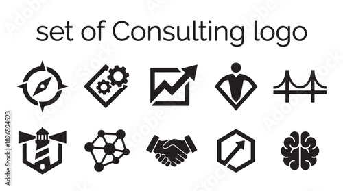 A set of modern vector consulting and business icons showcasing strategy, growth, partnership, and guidance concepts for professional logo design.