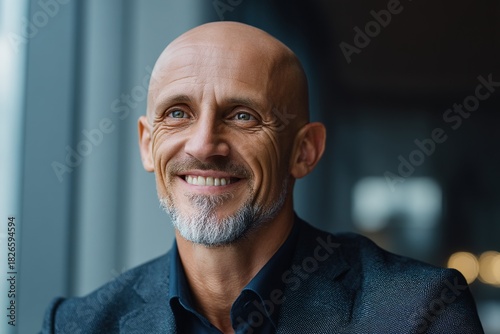 Smiling middle-aged bald man with short gray beard wearing blue suit in office. Friendly professional male presenting approachable demeanor in workplace setting.
