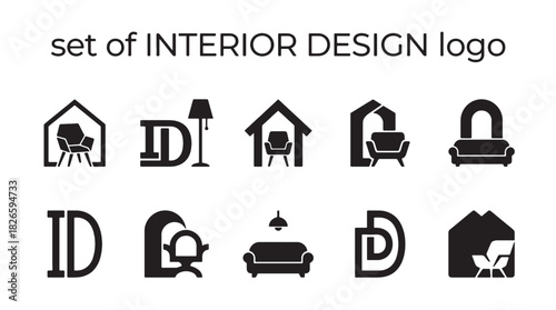 Set of modern vector interior design logo icons featuring furniture, home and house elements, perfect for branding businesses.