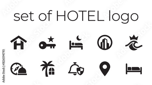 A minimalist black vector set of essential hotel logo icons for travel, resort, and accommodation services, perfect for branding and destination guides.