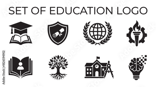 Comprehensive Education Logo Icons Set for Learning and Knowledge, representing University and School concepts in modern Digital Vector design.