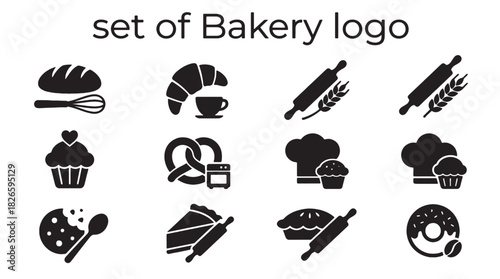 Bakery and Pastry Icons Collection for Sweet Food Dessert Menu Design; Simple Black Vector Bread and Coffee Shop Glyphs on White.