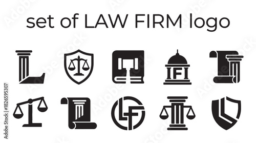 Modern black vector law firm logo set of justice and legal icons, perfect for attorney branding and professional design on a clean white background.