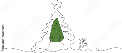 One continuous line drawing of Christmas tree with star on top. Glowing green spore or seed pod against a black background. A single, luminous green spore or seed pod floats in the darkness, emitting 