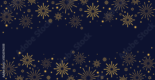 Elegant horizontal banner featuring seamless borders of golden starbursts and stars along the top and bottom. The festive pattern is set against a dark navy blue background, ideal for New Year, luxury