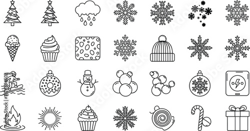 Christmas, winter, holiday, festive, snowflake, ornament, candy, cupcake, tree, hat, snowman, icon set, line art, black and white, seasonal, celebration, minimal, outline, vector, decorative