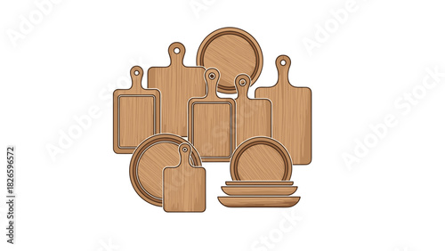 Elevate culinary presentations with this stylish collection of wooden cutting boards and plates for modern kitchens and dining experiences