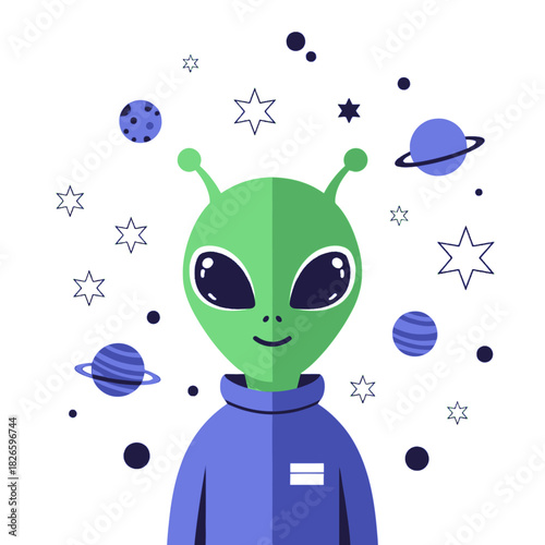 A friendly green alien character in a blue suit surrounded by planets, stars, and space elements in a flat vector illustration style.