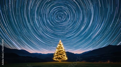  beautifully lit Christmas tree stands under a starry sky, with swirling stars creating a mesmerizing circular pattern around it.
