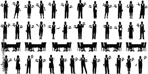 Waitstaff silhouette set with trays and wine glasses, formal attire, restaurant service, dining scene, hospitality, and teamwork