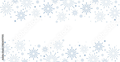 Horizontal winter banner header featuring a seamless pattern of light blue starbursts, fireworks, and scattered dots on a white background. This cool-toned, festive design offers excellent copy space 