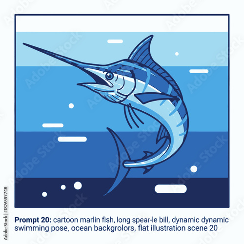 Dynamic cartoon marlin fish with a long spear-like bill swimming in a flat illustration of the ocean with blue background colors.