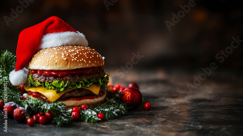 A burger with a patty, cheese, tomatoes, cucumbers, and sauce, topped with a red Santa hat to symbolize the Christmas spirit.