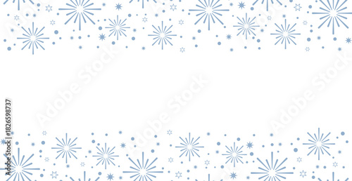 Horizontal winter banner header featuring a seamless pattern of light blue starbursts, fireworks, and scattered dots on a white background. This cool-toned, festive design offers excellent copy space 