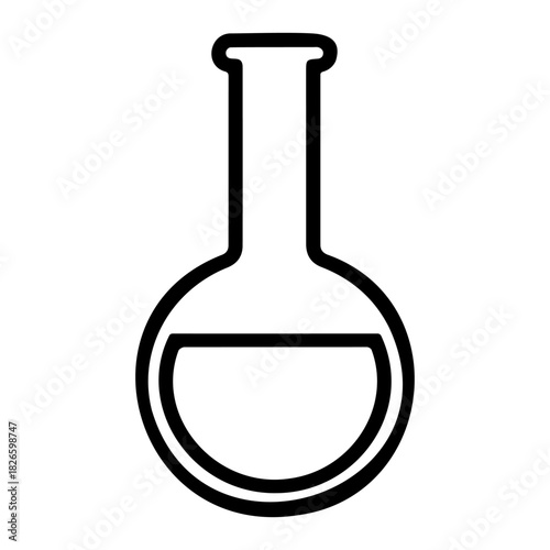 A simple line drawing of a round bottom flask partially filled with a liquid on a white background
