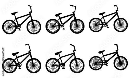 Row of black BMX bikes in a dynamic sequence, perfect for cycling enthusiasts, fitness promotions, or urban lifestyle content, originally a vector graphic