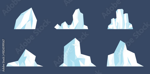 Iceberg shapes in cool blue tones on a dark navy backdrop. Ideal for Arctic, winter, and ocean themes, design projects, or visual storytelling of pristine, icy landscapes.